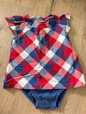 Red, Blue & White Plaid Dress with Navy Polka Dot Bloomers